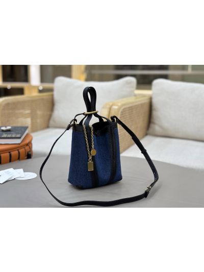 Chloe Small Spin Tote Bag Denim Blue Cotton and Cowhide - Detail view 4