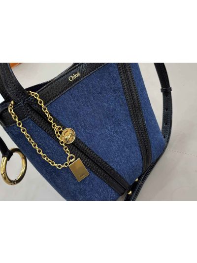 Chloe Small Spin Tote Bag Denim Blue Cotton and Cowhide - Detail view 5