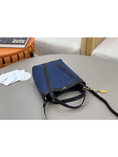 Chloe Small Spin Tote Bag Denim Blue Cotton and Cowhide - Detail view 6