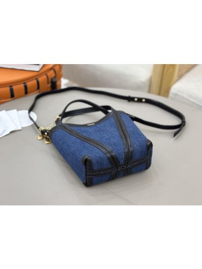 Chloe Small Spin Tote Bag Denim Blue Cotton and Cowhide - Detail view 7