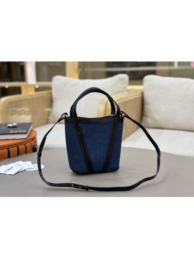 Chloe Small Spin Tote Bag Denim Blue Cotton and Cowhide - Detail view 8