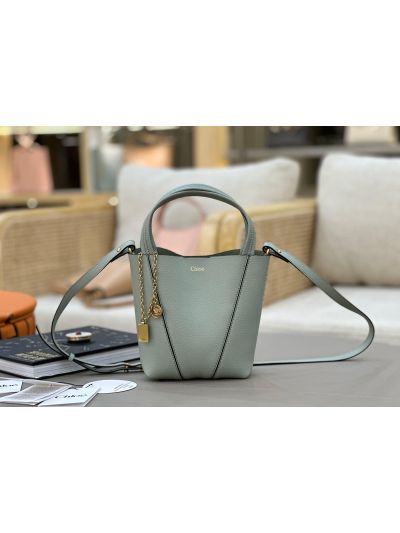 Chloe Small Spin Tote Bag Light Blue Grained Calfskin Leather