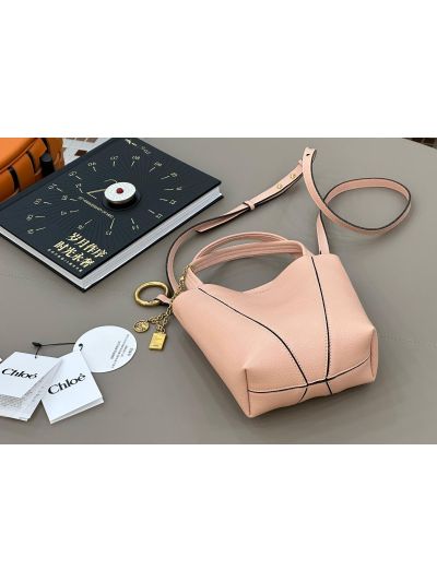 Chloe Small Spin Tote Bag Pink Grained Calfskin Leather - Detail view 6