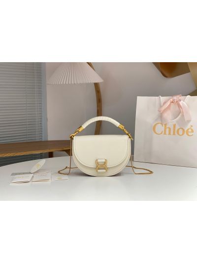 Chloe Small White Leather Marcie Chain Top Handle Flap Shoulder Bag