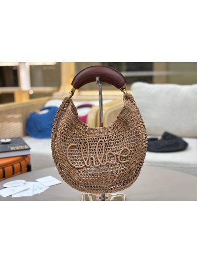 Chloe Summer Banana Raffia Hobo Shoulder Bag Beige