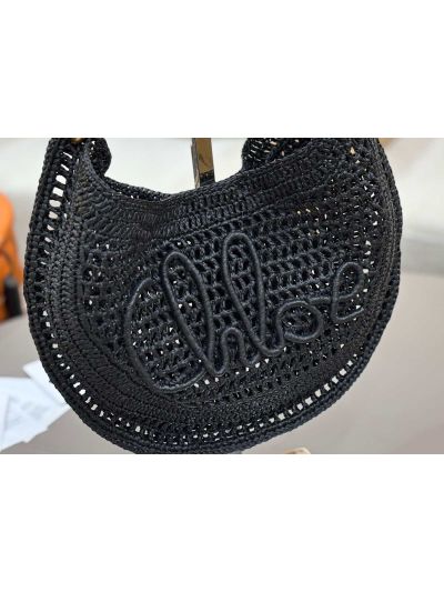 Chloe Summer Banana Raffia Hobo Shoulder Bag Black - Detail view 3