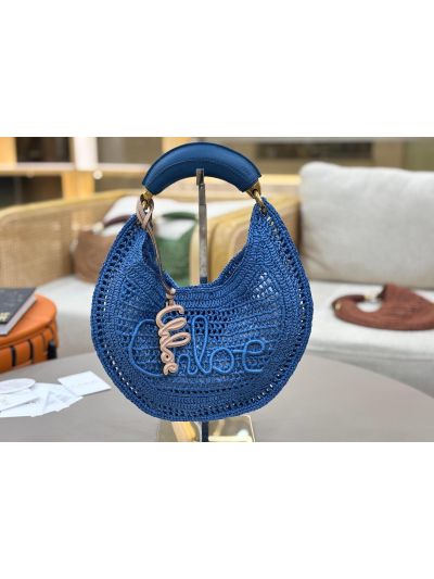 Chloe Summer Banana Raffia Hobo Shoulder Bag Blue - Detail view 6