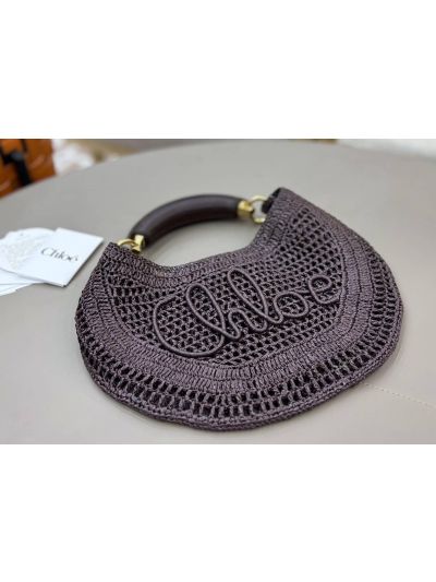 Chloe Summer Banana Raffia Hobo Shoulder Bag Dark Purple - Detail view 9