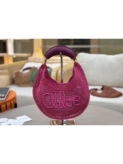 Chloe Summer Banana Raffia Hobo Shoulder Bag Fuchsia Pink - Detail view 2