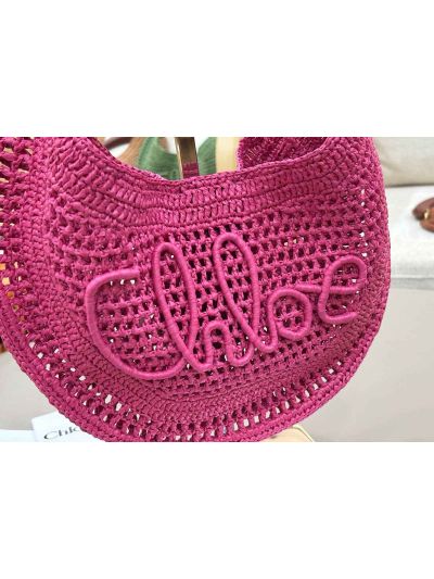 Chloe Summer Banana Raffia Hobo Shoulder Bag Fuchsia Pink - Detail view 3