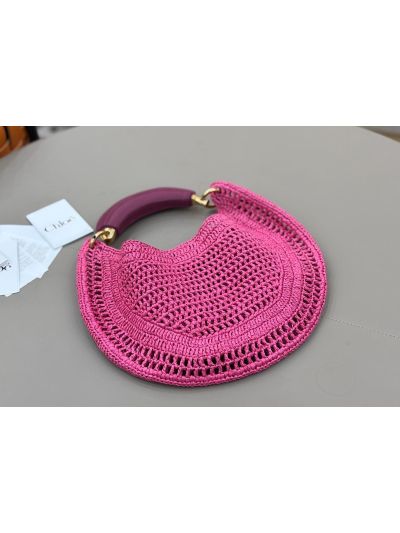 Chloe Summer Banana Raffia Hobo Shoulder Bag Fuchsia Pink - Detail view 6