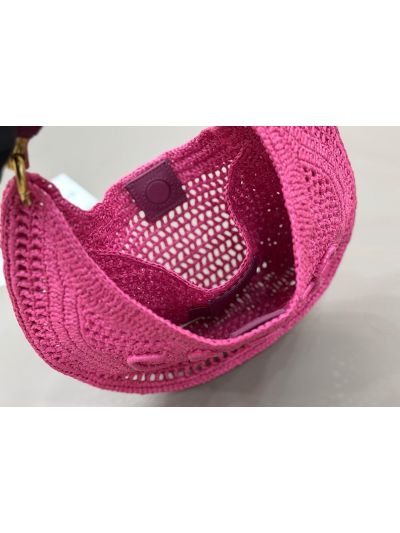 Chloe Summer Banana Raffia Hobo Shoulder Bag Fuchsia Pink - Detail view 8