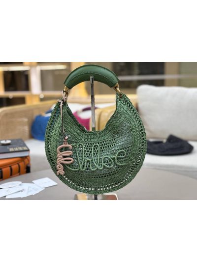 Chloe Summer Banana Raffia Hobo Shoulder Bag Green - Detail view 5