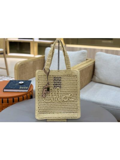 Chloe Summer Banana Tote Shoulder Bag Beige Raffia and Calfskin - Main view
