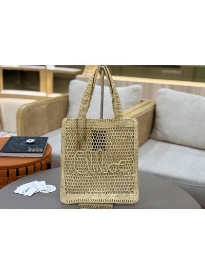 Chloe Summer Banana Tote Shoulder Bag Beige Raffia and Calfskin - Detail view 2