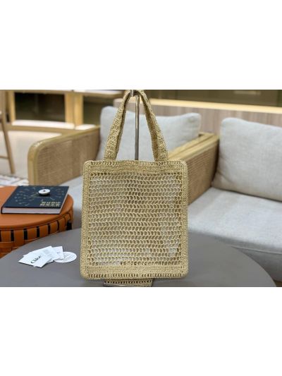 Chloe Summer Banana Tote Shoulder Bag Beige Raffia and Calfskin - Detail view 3