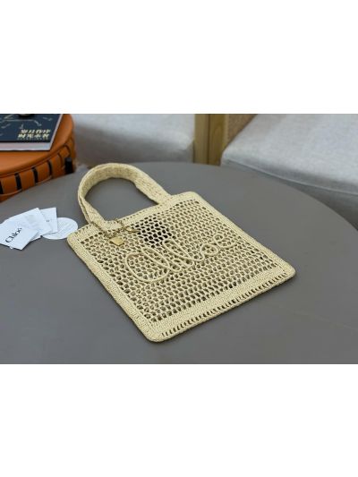 Chloe Summer Banana Tote Shoulder Bag Beige Raffia and Calfskin - Detail view 4