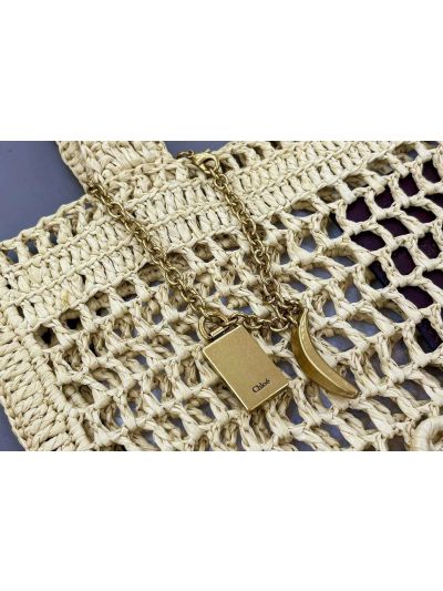 Chloe Summer Banana Tote Shoulder Bag Beige Raffia and Calfskin - Detail view 7