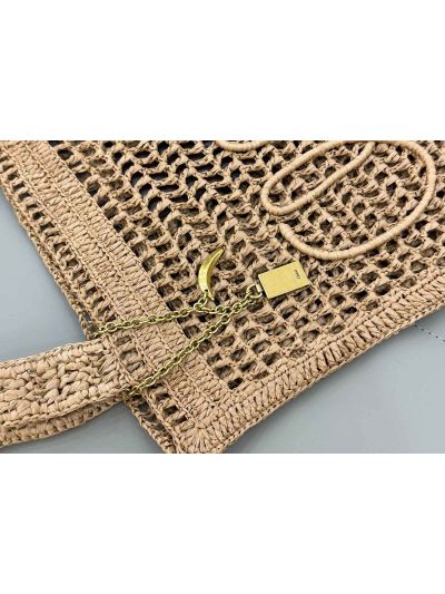 Chloe Summer Banana Tote Shoulder Bag Beige Raffia and Calfskin - Detail view 3