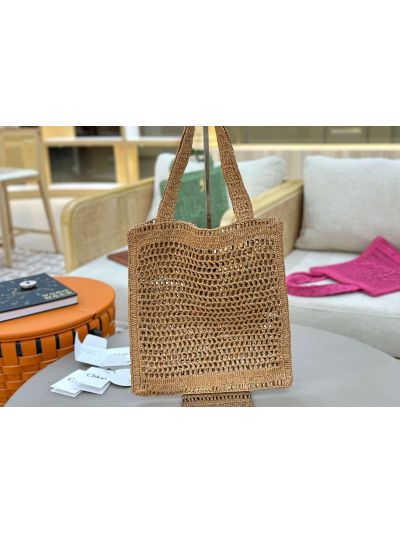 Chloe Summer Banana Tote Shoulder Bag Beige Raffia and Calfskin - Detail view 5