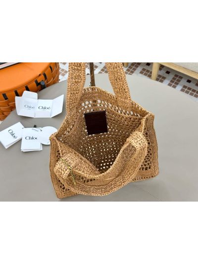 Chloe Summer Banana Tote Shoulder Bag Beige Raffia and Calfskin - Detail view 6
