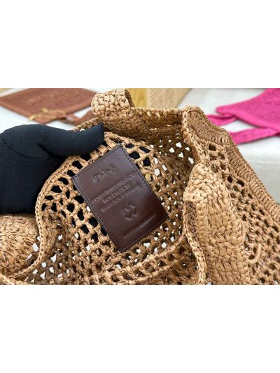 Chloe Summer Banana Tote Shoulder Bag Beige Raffia and Calfskin - Detail view 7