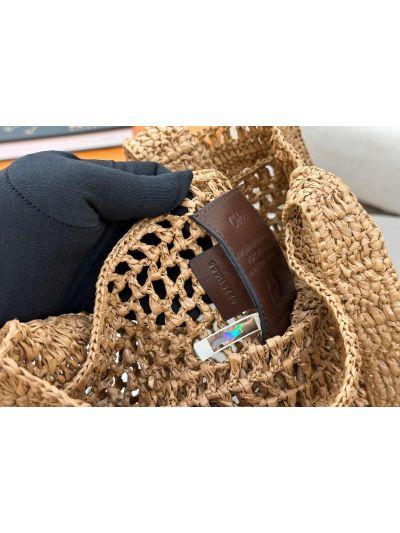 Chloe Summer Banana Tote Shoulder Bag Beige Raffia and Calfskin - Detail view 8