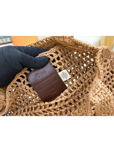 Chloe Summer Banana Tote Shoulder Bag Beige Raffia and Calfskin - Detail view 9