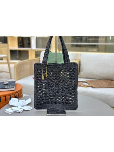 Chloe Summer Banana Tote Shoulder Bag Black Raffia and Calfskin - Main view