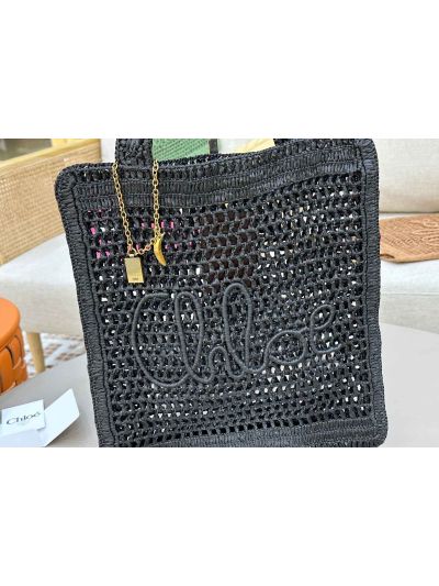 Chloe Summer Banana Tote Shoulder Bag Black Raffia and Calfskin - Detail view 2
