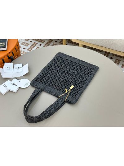 Chloe Summer Banana Tote Shoulder Bag Black Raffia and Calfskin - Detail view 3