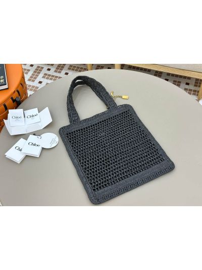 Chloe Summer Banana Tote Shoulder Bag Black Raffia and Calfskin - Detail view 4