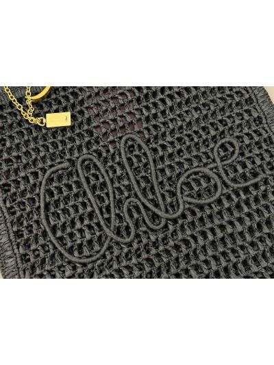 Chloe Summer Banana Tote Shoulder Bag Black Raffia and Calfskin - Detail view 6