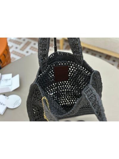 Chloe Summer Banana Tote Shoulder Bag Black Raffia and Calfskin - Detail view 7