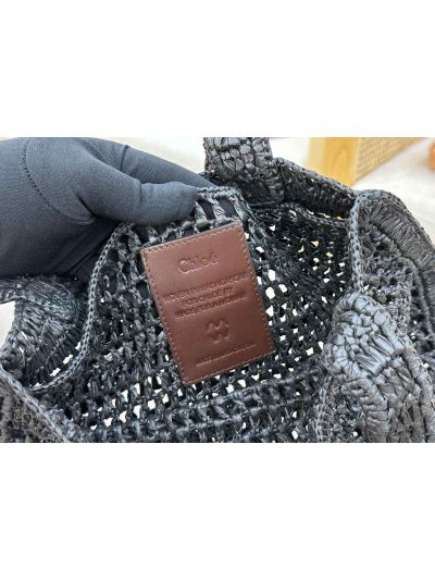 Chloe Summer Banana Tote Shoulder Bag Black Raffia and Calfskin - Detail view 8