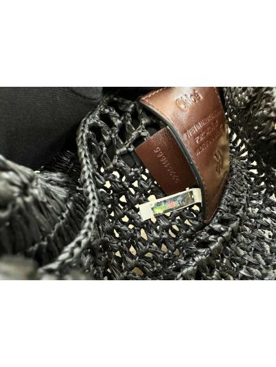 Chloe Summer Banana Tote Shoulder Bag Black Raffia and Calfskin - Detail view 9