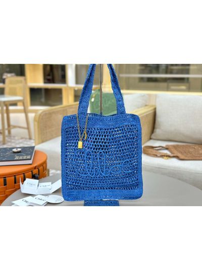 Chloe Summer Banana Tote Shoulder Bag Blue Raffia and Calfskin - Main view