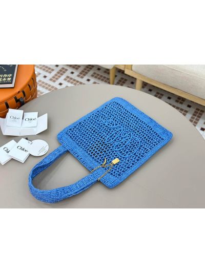 Chloe Summer Banana Tote Shoulder Bag Blue Raffia and Calfskin - Detail view 2