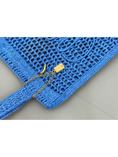 Chloe Summer Banana Tote Shoulder Bag Blue Raffia and Calfskin - Detail view 3