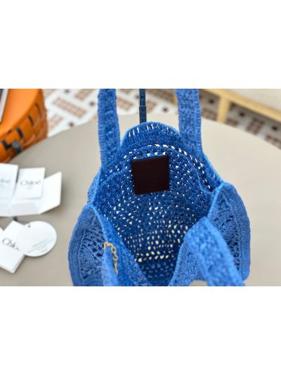 Chloe Summer Banana Tote Shoulder Bag Blue Raffia and Calfskin - Detail view 4