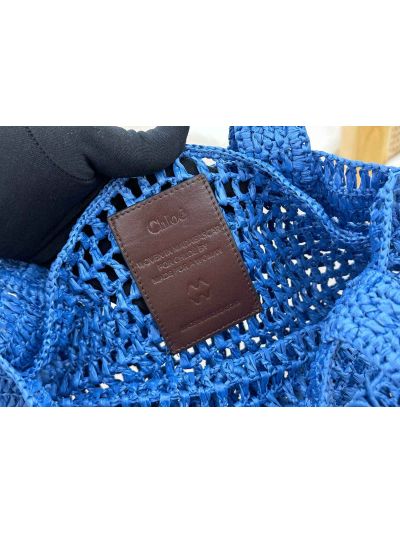 Chloe Summer Banana Tote Shoulder Bag Blue Raffia and Calfskin - Detail view 5