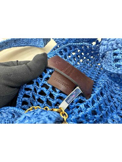 Chloe Summer Banana Tote Shoulder Bag Blue Raffia and Calfskin - Detail view 6