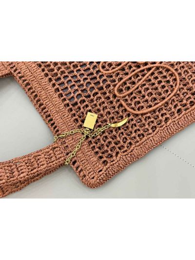Chloe Summer Banana Tote Shoulder Bag Brown Raffia and Calfskin - Detail view 2