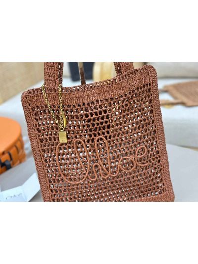 Chloe Summer Banana Tote Shoulder Bag Brown Raffia and Calfskin - Detail view 3