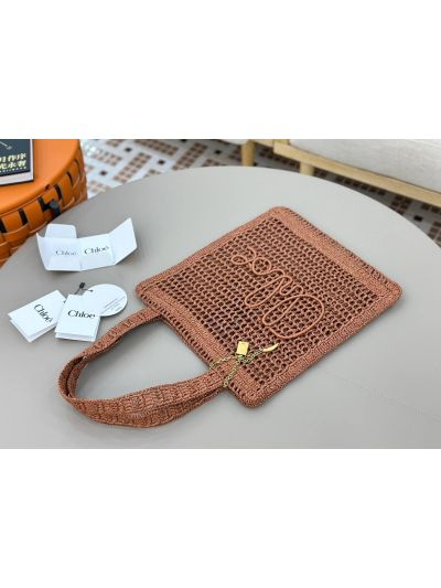 Chloe Summer Banana Tote Shoulder Bag Brown Raffia and Calfskin - Detail view 4