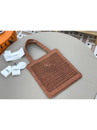 Chloe Summer Banana Tote Shoulder Bag Brown Raffia and Calfskin - Detail view 5
