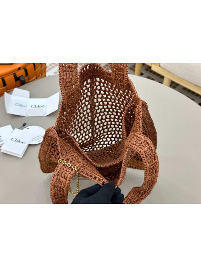 Chloe Summer Banana Tote Shoulder Bag Brown Raffia and Calfskin - Detail view 6