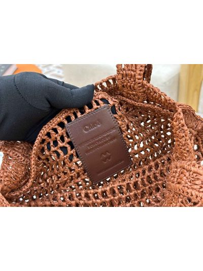 Chloe Summer Banana Tote Shoulder Bag Brown Raffia and Calfskin - Detail view 7