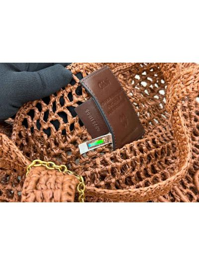Chloe Summer Banana Tote Shoulder Bag Brown Raffia and Calfskin - Detail view 8