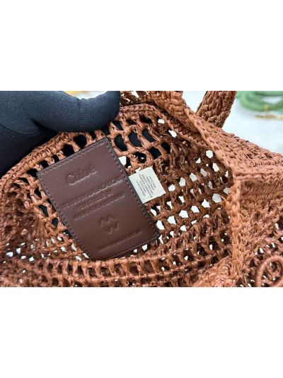 Chloe Summer Banana Tote Shoulder Bag Brown Raffia and Calfskin - Detail view 9